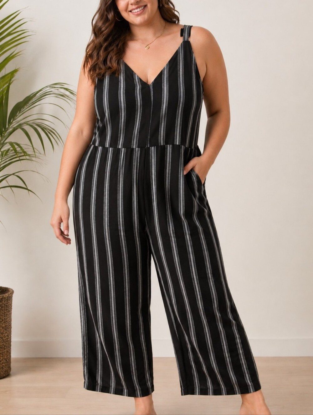 Joe Fresh Linen Blend Striped Wide Leg Jumpsuit 2X | Black Gray V-Neck Plus Size